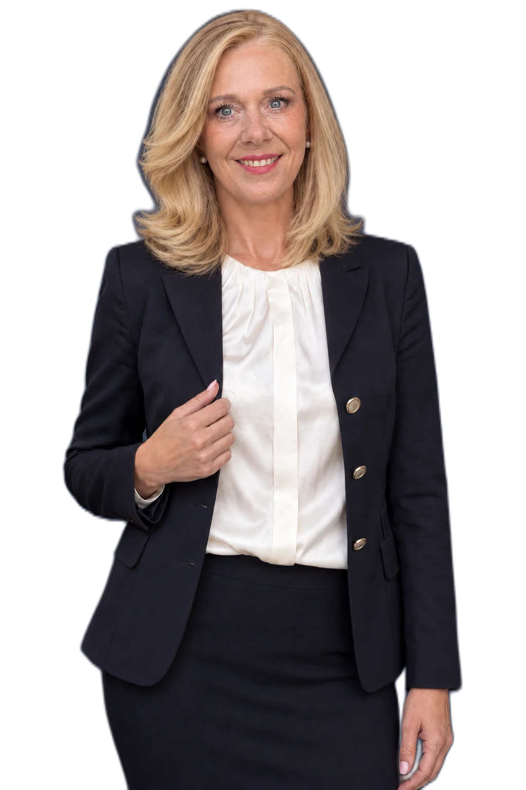 Anna Dziesinska w granatowej marynarce, uśmiechnięta