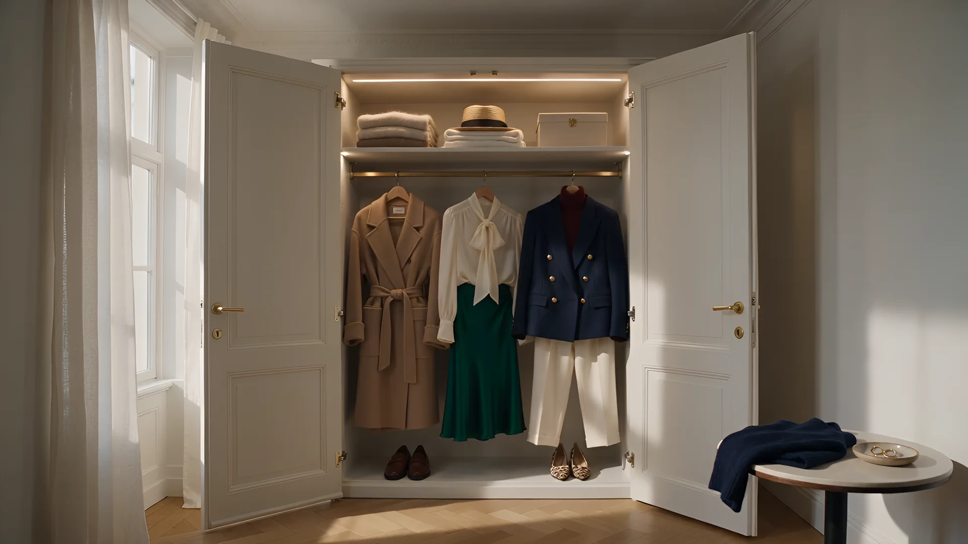 Ein heller Kleiderschrank mit Mantel, dunkelblauem Blazer, Bluse, Satinrock, heller Hose, Strick, Hut und Schuhen