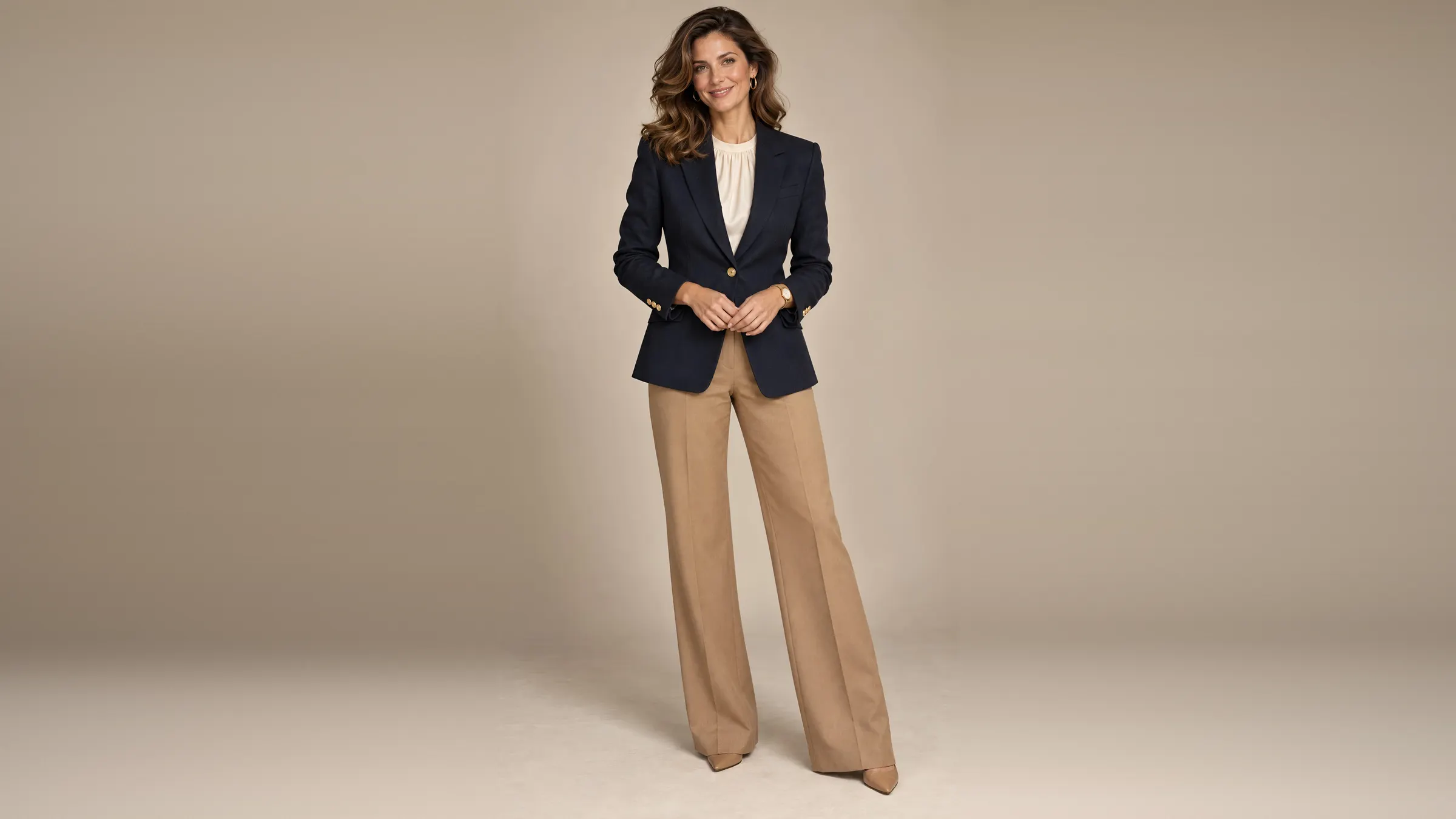 Büro: dunkelblauer Blazer geschlossen, Seidenbluse, camelfarbene weite Hose